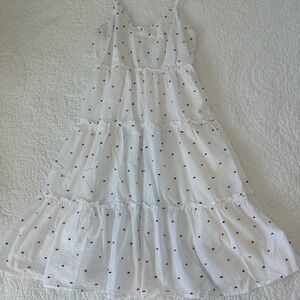 Elegant White Dress with Red and Blue Dots